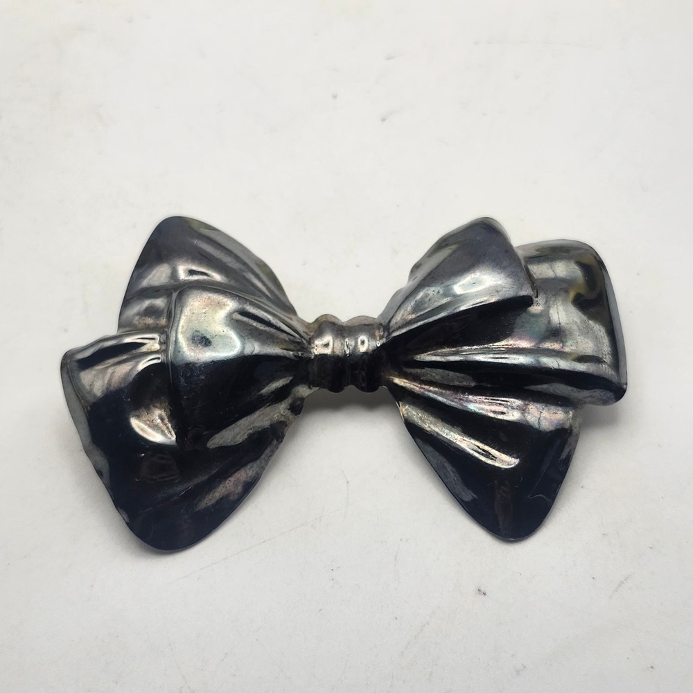 Vintage Gunmetal Bow Brooch Ribbon Pin Coquette Dark Academia Statement Jewelry